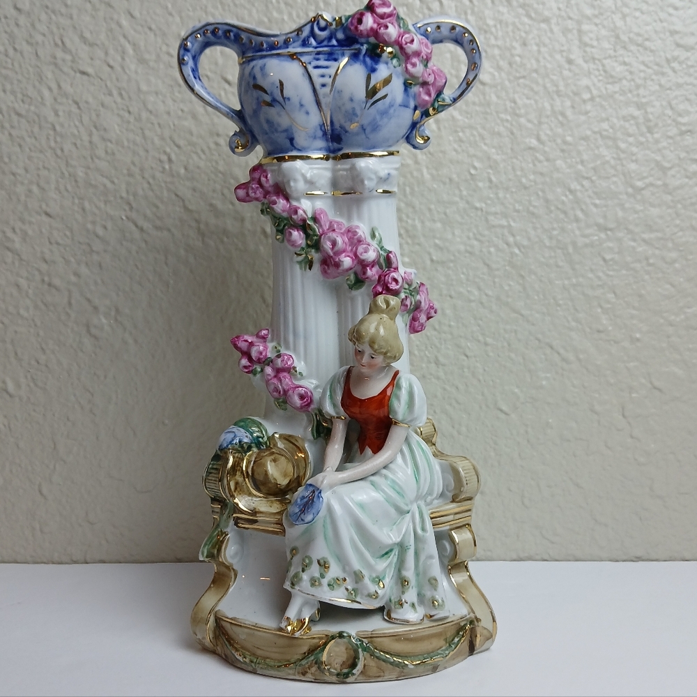 Antique/ Vintage Germany Hand Painted Porcelain‎ Sitting Lady Vase/Accent